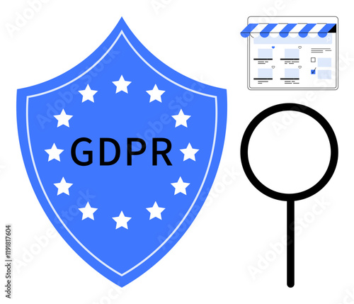 GDPR shield representing data privacy, magnifying glass symbolizing investigation, and website screenshot. Ideal for data protection, compliance, internet security, internet privacy, legal