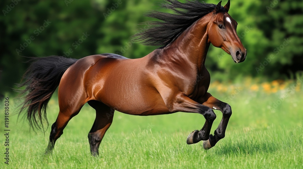 Obraz premium Majestic Brown Horse Gracefully Galloping Through Lush Green Meadow Surrounded by Vibrant Flora Under Bright Blue Sky in Beautiful Natural Landscape