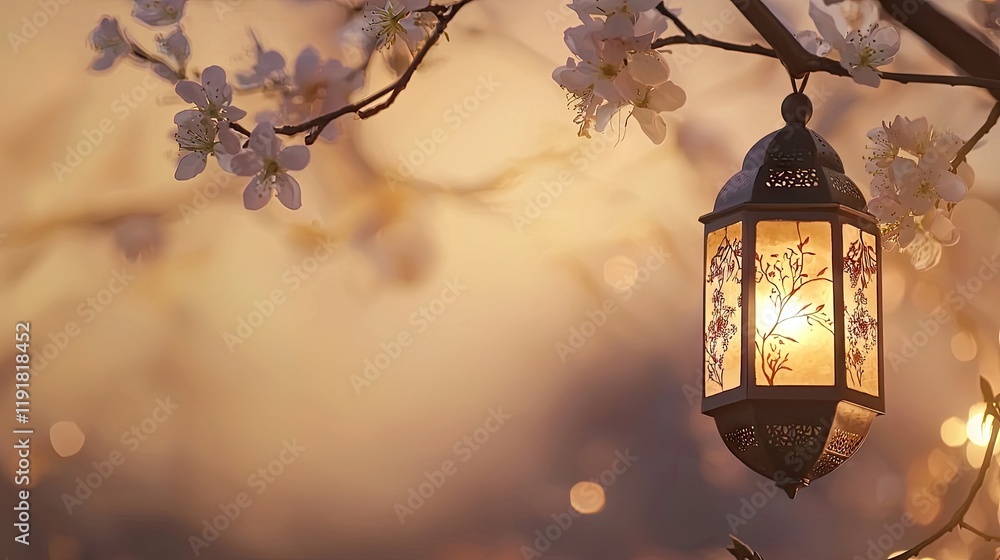 Lantern hanging from blossoming tree branch at sunset Lantern hanging from blossoming tree branch at sunset