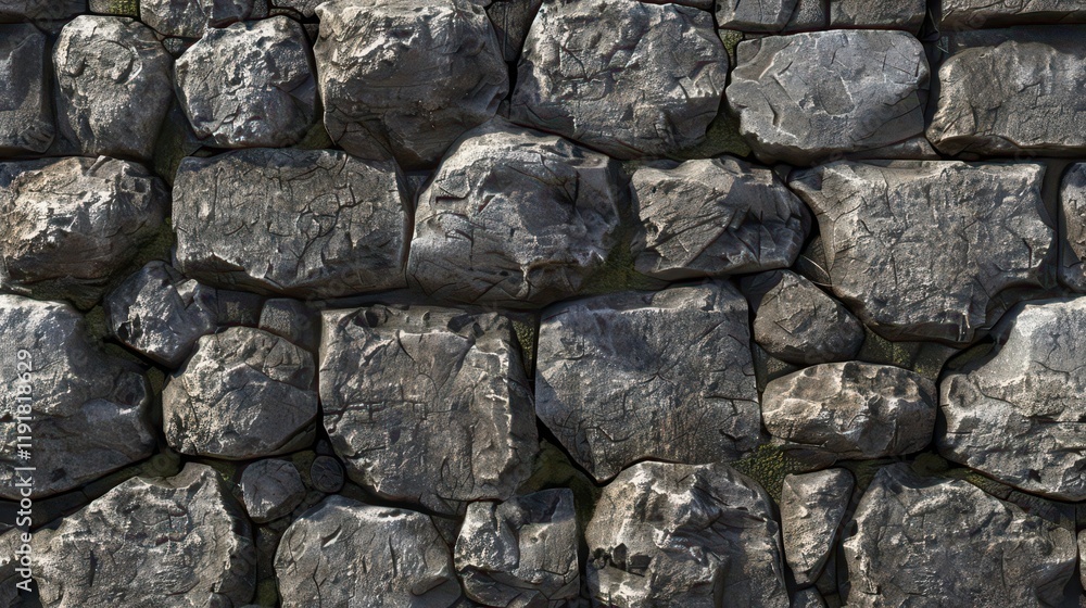 A textured stone wall with unevenly shaped rocks and moss in between. A textured stone wall with unevenly shaped rocks and moss in between.