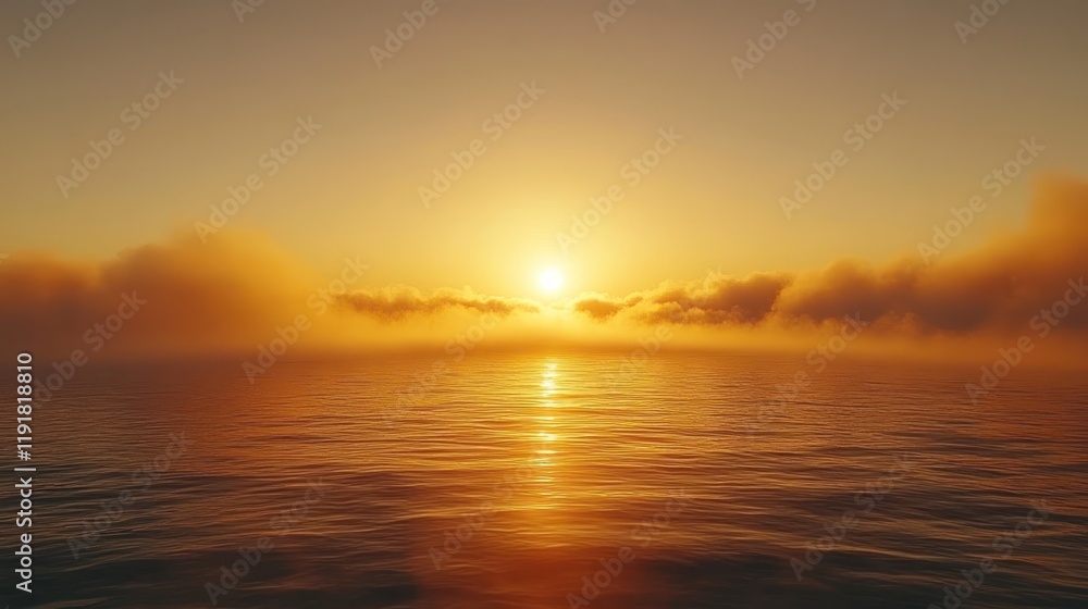 Ocean sunrise, fog, golden sky, calm sea, travel Ocean sunrise, fog, golden sky, calm sea, travel