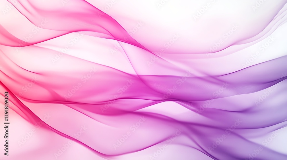 Fototapeta premium Soft pastel smoke swirls in pink and lavender, forming abstract wave patterns on a clean white background, Smoke Design, Delicate elegance