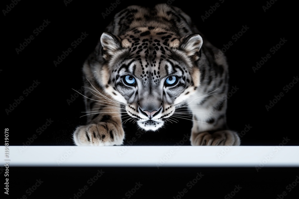 Obraz premium Snow leopard crouched low with intense blue eyes, poised and ready to pounce, set against a high-contrast dark background.