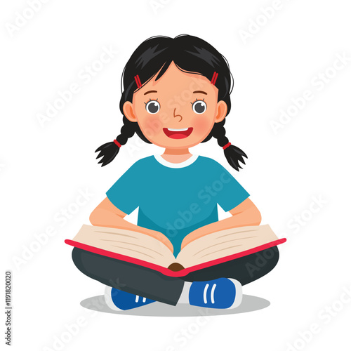 Cute little girl reading a book sitting on the floor