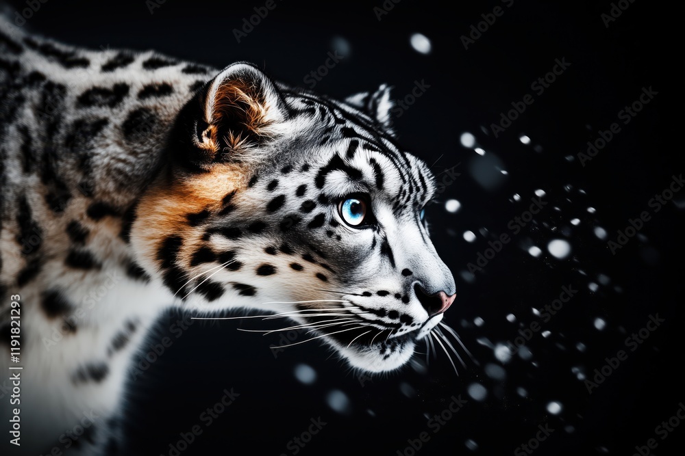 Naklejka premium Snow leopard in a dynamic pose, stalking through the snow with a focused expression under falling snowflakes.