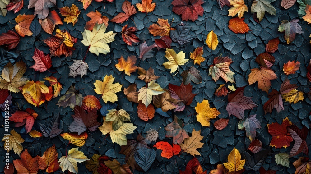A vibrant arrangement of autumn leaves on a dark surface, showcasing seasonal colors. A vibrant arrangement of autumn leaves on a dark surface, showcasing seasonal colors.