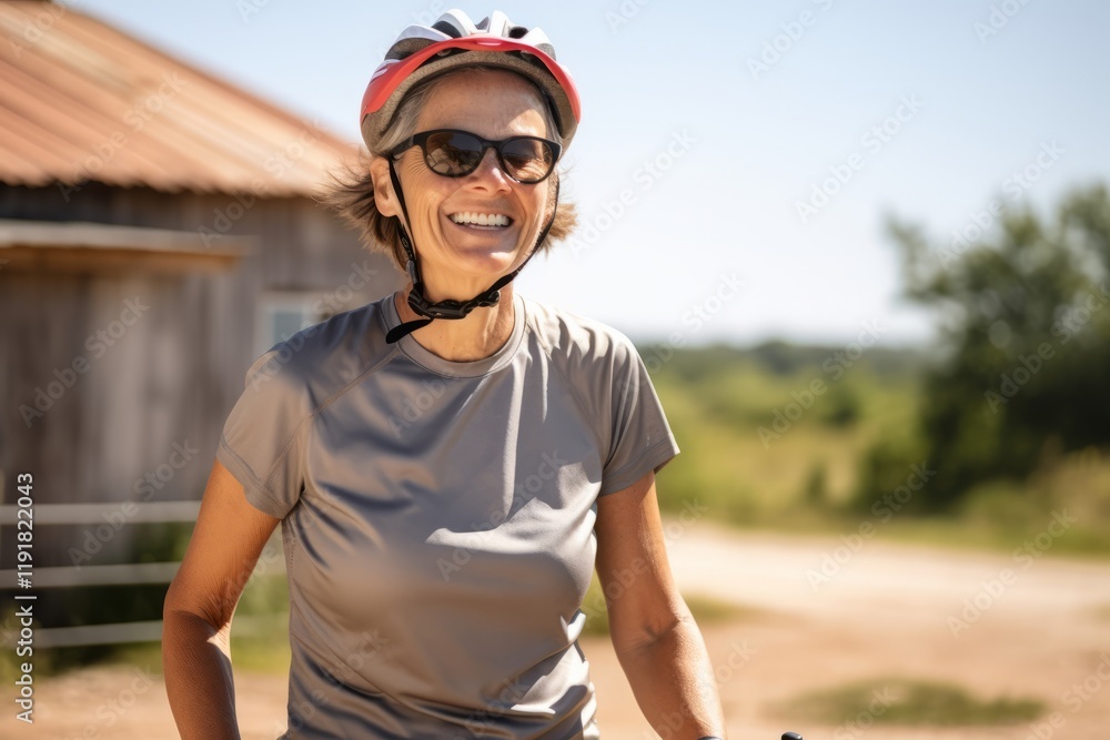 Portrait of smiling senior woman in helmet and sunglasses riding bicycle on rural road Portrait of smiling senior woman in helmet and sunglasses riding bicycle on rural road
