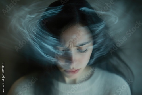 Health disturbance: female dealing with disorientation, emphasizing physical, psychological aspects of dizziness, related to stress, medical conditions, emotional equilibrium, personal well-being. photo