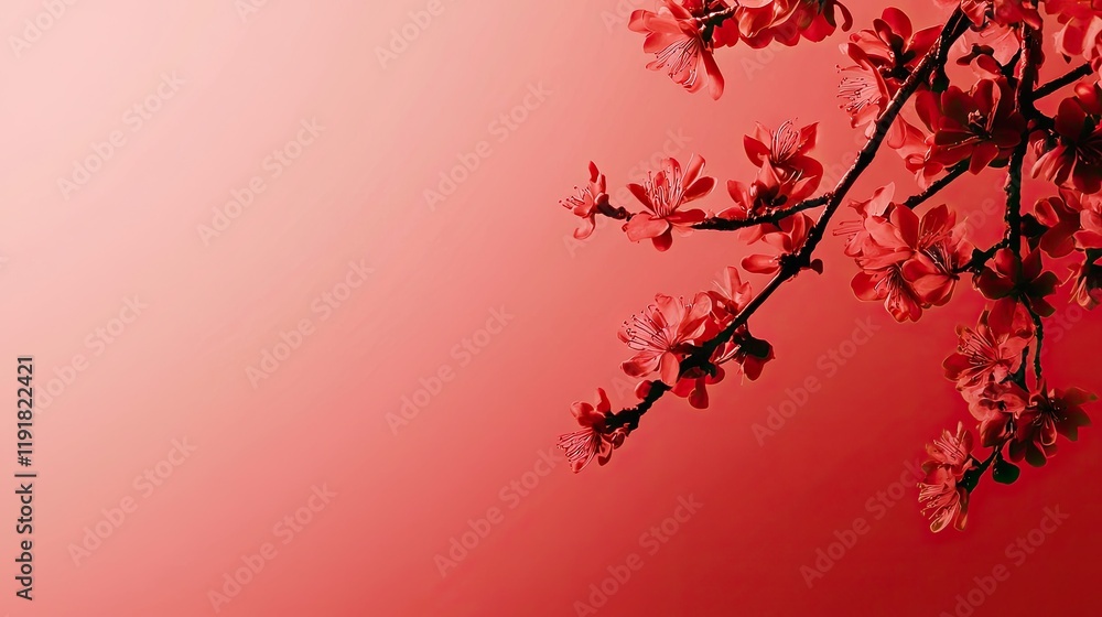 Red blossoms branch against gradient background; spring nature scene, website banner Red blossoms branch against gradient background; spring nature scene, website banner