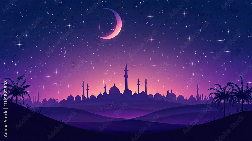 Night desert city crescent moon starscape Night desert city crescent moon starscape