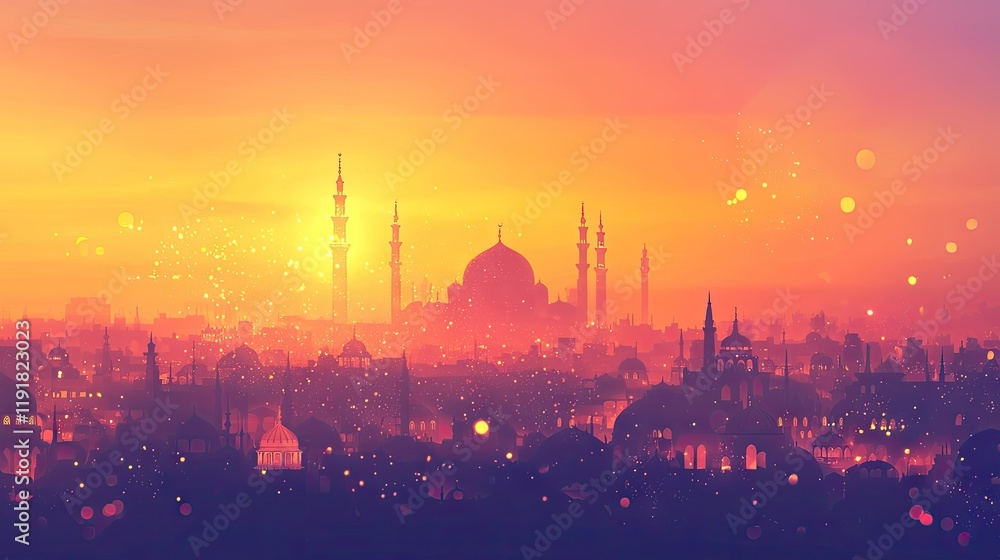 Fototapeta premium Sunset over Middle Eastern city, mosque silhouette, warm glow, peaceful evening, travel poster
