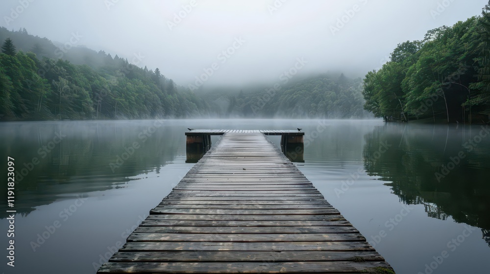 Fototapeta premium A serene wooden dock extends into a misty lake surrounded by lush greenery.