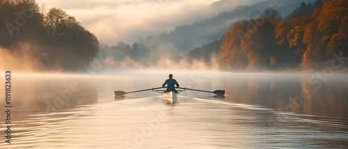 Solo rower on misty lake at dawn, autumn trees