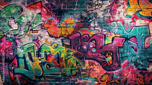 A vibrant wall covered in colorful graffiti art and tags, showcasing urban creativity.