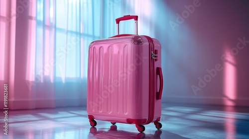 Pink suitcase stands near window, awaits journey.