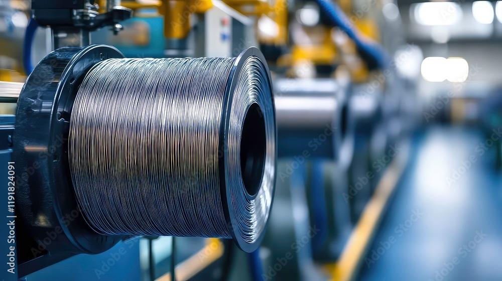Obraz premium Precision Engineering - Close-up of Shiny Metallic Wire Spools in Clean Factory Setting