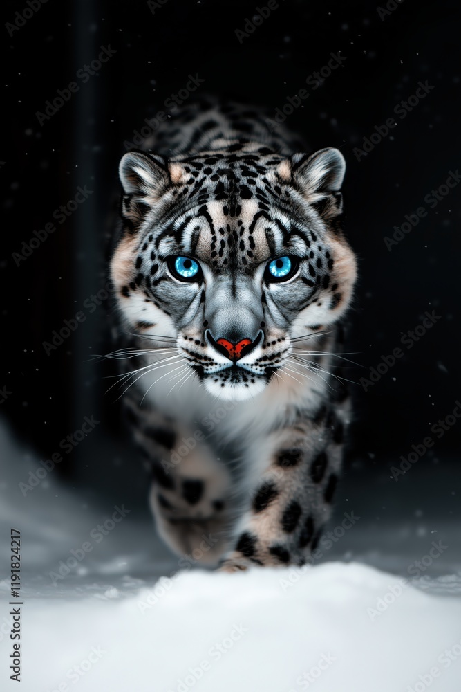 Obraz premium Snow leopard walking through a snowy landscape with glowing blue eyes, its fur detailed with snowflakes.