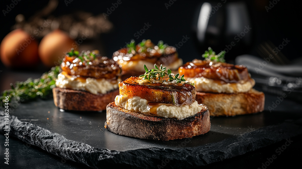 Modern Dining Scene with Crostinis, Whipped Ricotta, Zucchini, and Maple Syrup Modern Dining Scene with Crostinis, Whipped Ricotta, Zucchini, and Maple Syrup