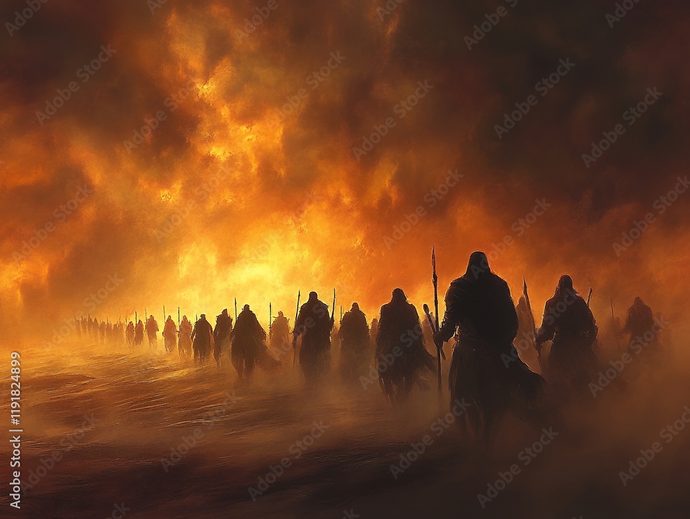 Fototapeta premium Silhouetted warriors march towards a fiery horizon. An apocalyptic scene of conflict and destruction.
