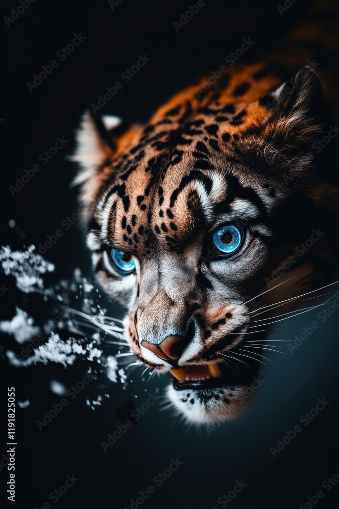 Obraz premium Extreme close-up of a snow leopard’s face with icy blue eyes, snowflakes clinging to its fur, and sharp focus on its whiskers and intense expression.