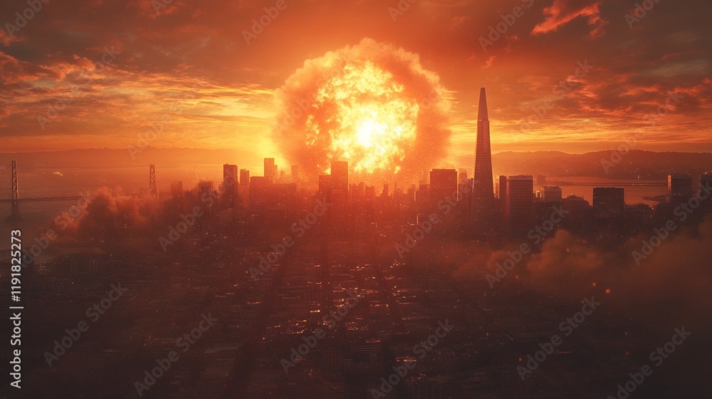 Fototapeta premium A massive explosion illuminates skyline at sunset, creating a dramatic and apocalyptic scene.