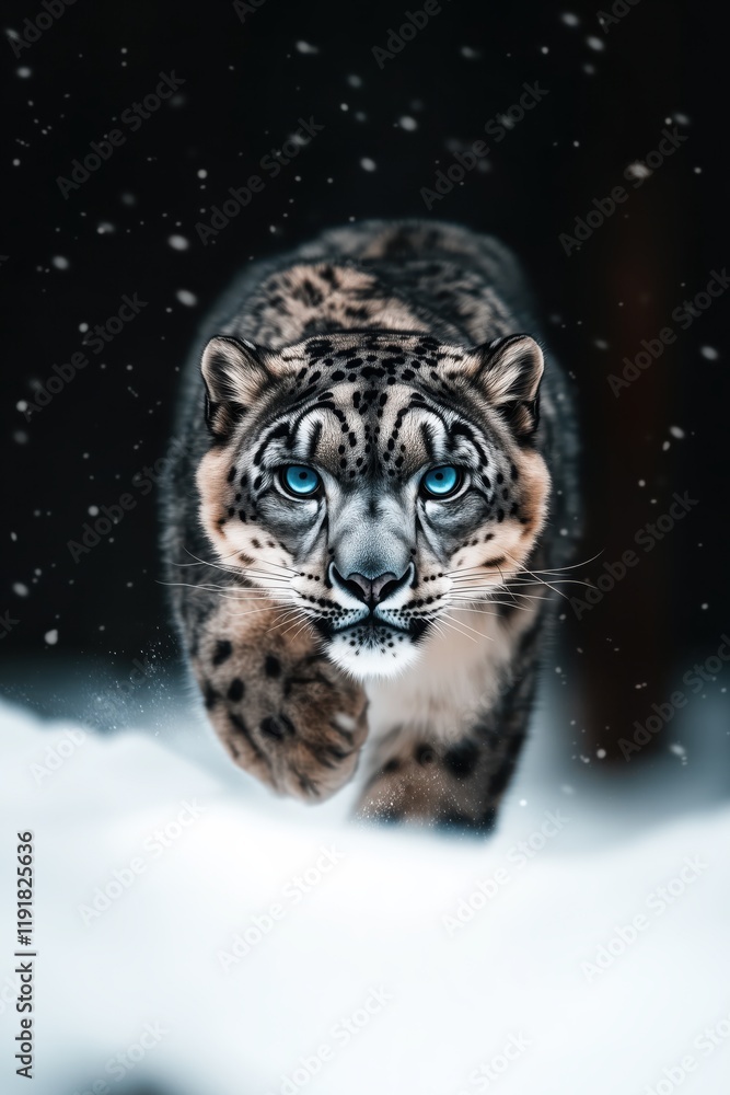 Snow leopard walking through deep snow, its fur covered in frost, with an intense stare and a dark, blurred forest background. Snow leopard walking through deep snow, its fur covered in frost, with an intense stare and a dark, blurred forest background.