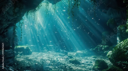 A serene underwater cave illuminated by rays of light, creating a tranquil atmosphere.