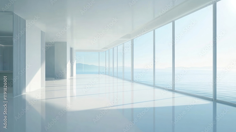Obraz premium Serene Coastal Minimalist Room Design: Ocean View Office Space