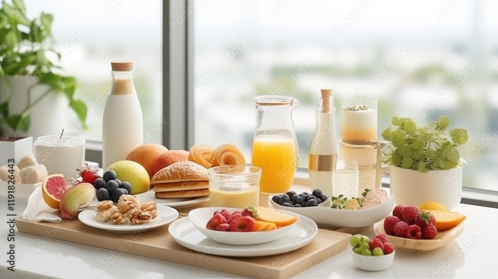 a variety of healthy breakfast served on the simple white table with kitchen set on the background a variety of healthy breakfast served on the simple white table with kitchen set on the background