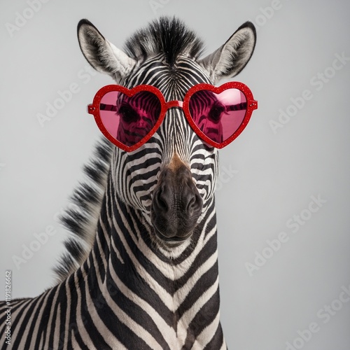 A zebra wearing heart-shaped sunglasses for Valentine’s Day on a white background. photo