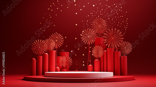 3d rendering of an imlek podium with red latterns and fireworks on a red background photo