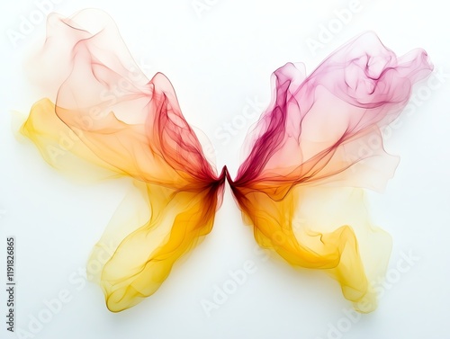 Abstract pastel pink and yellow smoke forming butterflylike shapes over a clean white background, Pastel Smoke Art, Whimsical charm photo