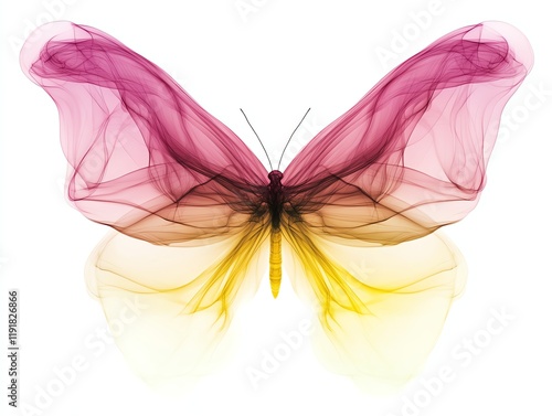 Abstract pastel pink and yellow smoke forming butterflylike shapes over a clean white background, Pastel Smoke Art, Whimsical charm photo