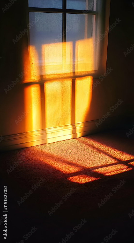 A warm glow of sunlight casts shadows on a wall and floor in a serene indoor setting. A warm glow of sunlight casts shadows on a wall and floor in a serene indoor setting.