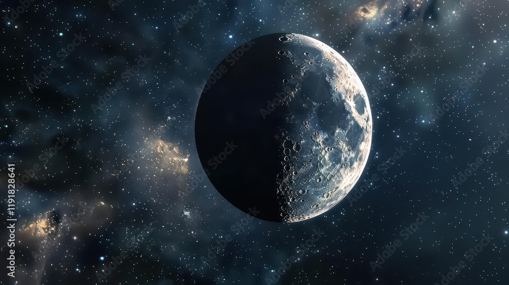 Obraz premium A detailed view of a moon in space surrounded by stars and cosmic elements.