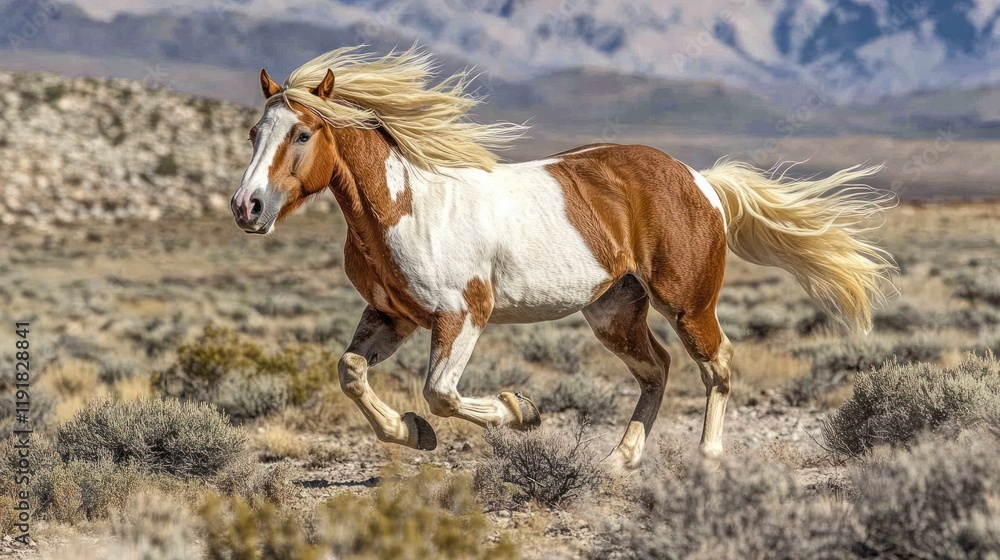 Obraz premium Majestic Paint Horse Galloping Across the Desert Landscape