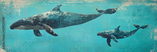 Mother whale and calf swim gracefully through clear blue ocean waters in a serene underwater world. Generative AI photo