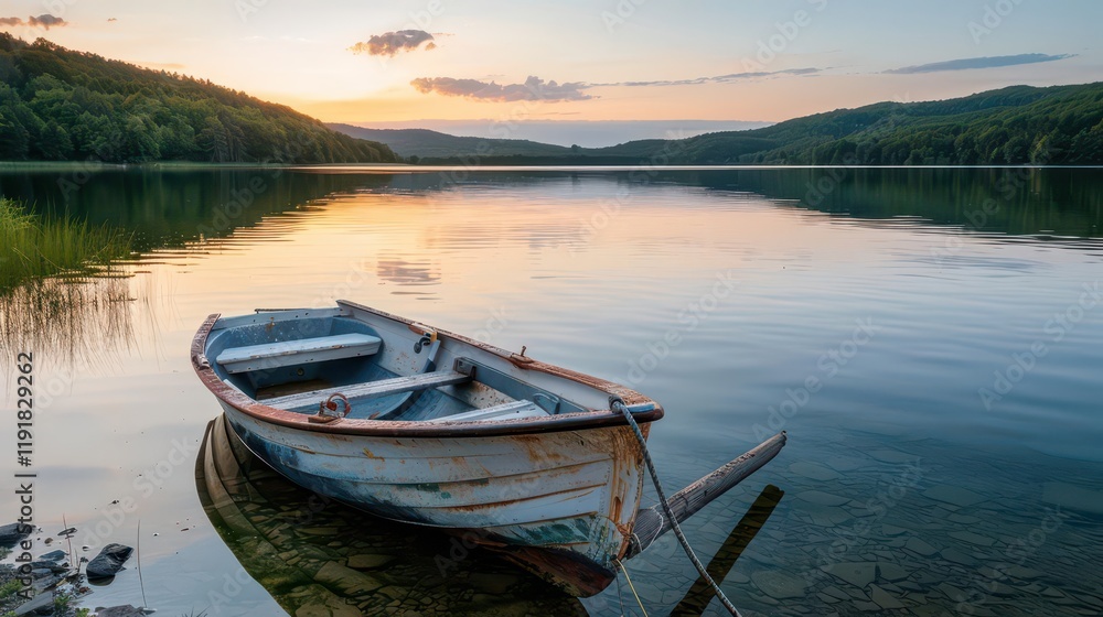 A serene lakeside scene featuring a weathered boat at sunset, reflecting nature's beauty. A serene lakeside scene featuring a weathered boat at sunset, reflecting nature's beauty.