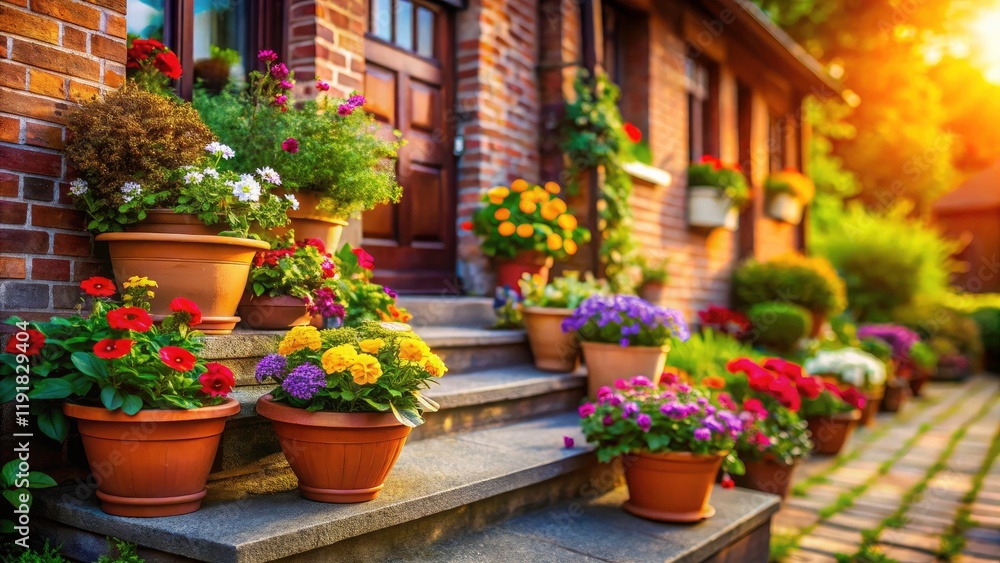 Tilt-Shift Miniature Family Home Doorstep with Flower Pots - Charming Cottage Garden Scene Tilt-Shift Miniature Family Home Doorstep with Flower Pots - Charming Cottage Garden Scene