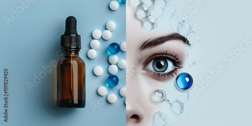 Eye and Dropper with Pills  Concept of Eye Care, Medicine, and Chemical Compounds  
 photo