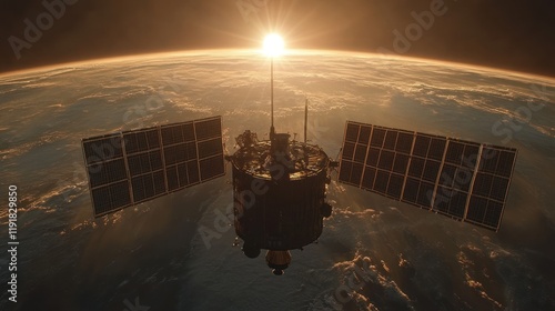 Satellite orbiting Earth at sunrise, atmospheric backdrop, space exploration photo