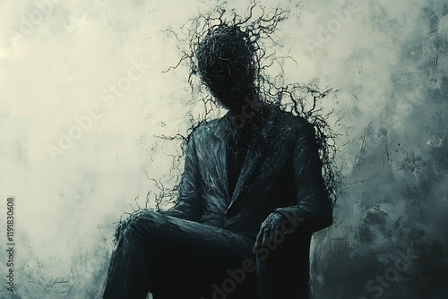 A surreal digital painting of a man overgrown with branches, sitting in a somber pose. The artwork evokes feelings of mystery and unease. photo