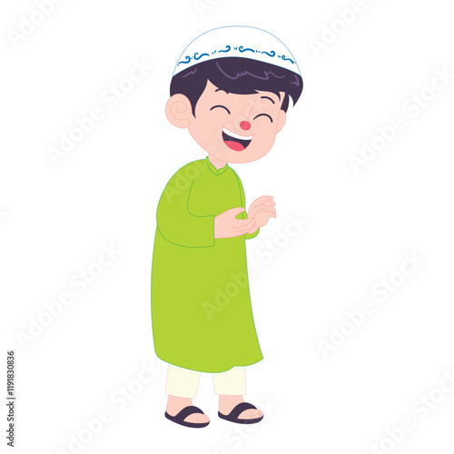 Friendly Muslim boy in green traditional attire, smiling warmly with a gesture of talking during Ramadan