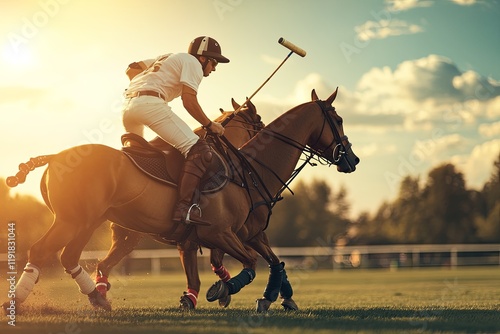 Dynamic Polo Match Under Golden Sunset with Action-Packed Players and Steed Galloping on Lush Green Field Creating a Vibrant Sports Atmosphere