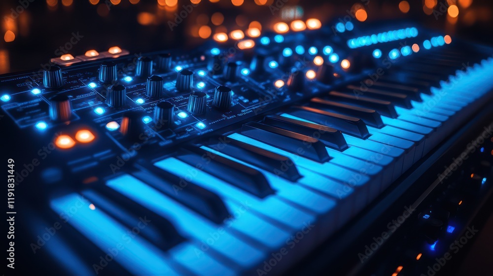 Synth Keyboard in Blue Light: Night Music Production Studio Synth Keyboard in Blue Light: Night Music Production Studio