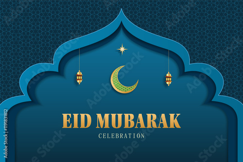 Eid Mubarak background with geometric pattern and crescent moon. Islamic backgrounds for posters, banners, greeting cards and more. Simple and luxury feeling.