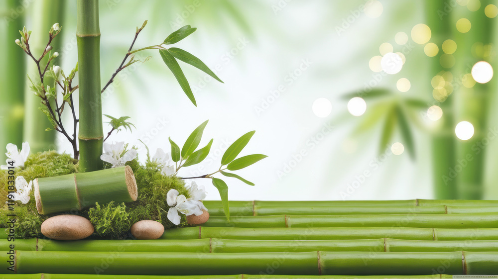 Obraz premium Serene Bamboo Spa Zen Garden Green Plants Stones Blossoms