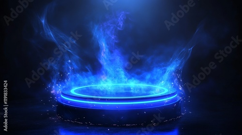 Wallpaper Mural 15.A glowing, luminous blue portal with neon rings and energy swirls rising from the center. The background is dark, with glowing, dynamic sparks around the portal and an abstract pedestal beneath, Torontodigital.ca