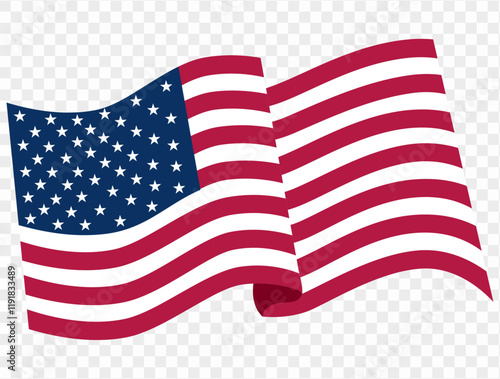 Waving USA flag isolated on transparent PNG background. Perfect for designs, high-quality vector image.
