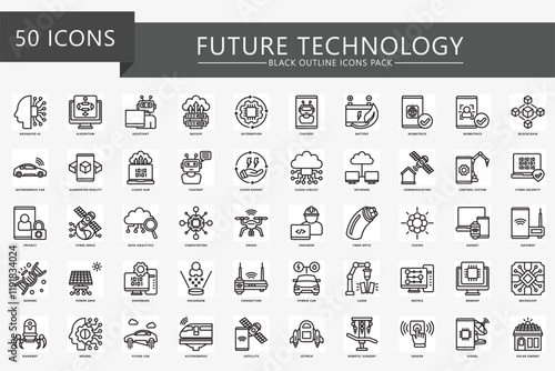Future Technology black outline icons set. contain AI, algorithm, cloud, genome, nanobot, robot and more. Vector EPS 10 for print, digital UI, UX kit, web and app development for technology, education